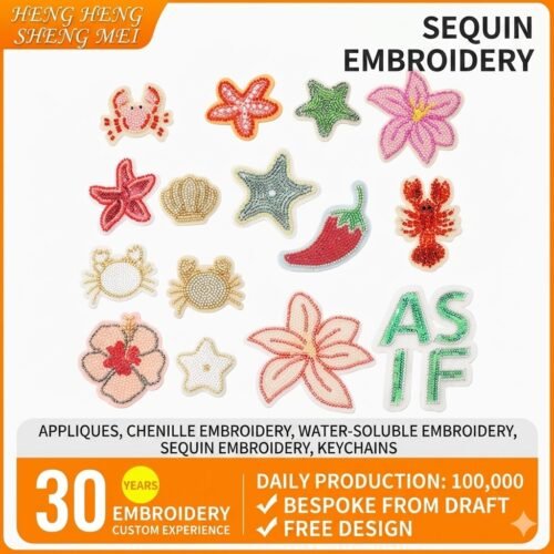 Starfish sequin - embroidered cloth patches, three - dimensional sequin - embroidered marine creature badges, self - adhesive patches with backing glue, accessories